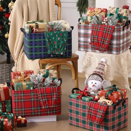 Breling 4 Pcs Christmas Plaid Baskets for Gifts Empty Checkered Christmas Storage Basket with Handles Storage Collapsible Boxes Organizer Decorations for Xmas Birthday Holiday Party Decor