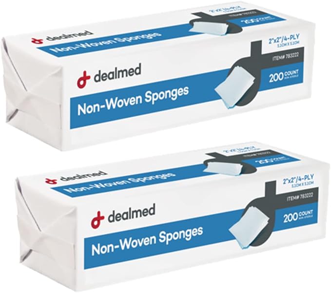 Dealmed 2" x 2" Non-Woven Gauze Sponges - 4-Ply All-Purpose Non-Sterile Pads, Absorbent Dental Gauze Wound Care Product for First Aid Kit/Medical Facilities, 200 Count (Pack of 2)