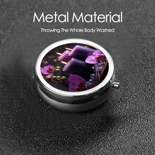 Pill Box 3 Compartment Medicine Pill Case for Pocket or Purse Mini Metal Pillcase Purple Flowers and Candles Pill Holder Vitamin Organizer Portable Travel Pills Container to Hold Supplements Vitamins