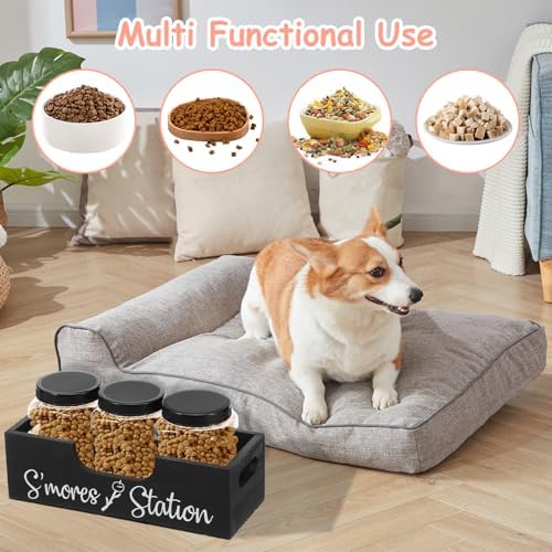 Wood Dog Treat Container with 3 Plastic Treat Jars, Large Capacity Dog Food Container, Multifunctional Pet Food Storage for Countertop