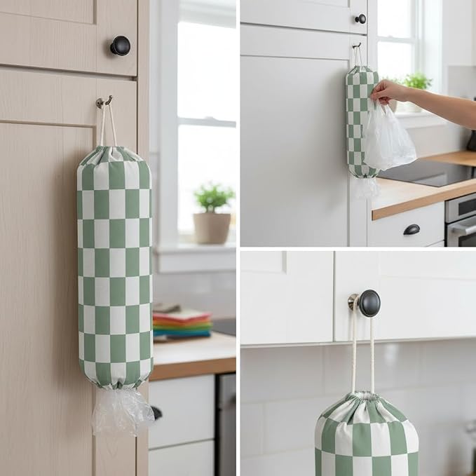 Plastic Bag Holder, Wall Mount Plastic Bag Organizer Dispenser Reusable Grocery Bag Organizer for Home Kitchen(Green Checkered)