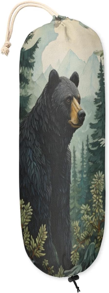 Forest Bear Plastic Bag Holder Green Tree Grocery Bag Storage Dispenser Washable Hanging Shopping Bags Carrier Reusable Wall Mount Trash Bag Organizer for Kitchen Pantry
