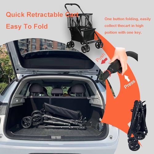 Folding Shopping Cart with Rolling Swivel Wheels Utility Trolley Cart, with Stylish Removable Tote Basket for Travel Shop Move Luggage Office (Green + Gold Frame)
