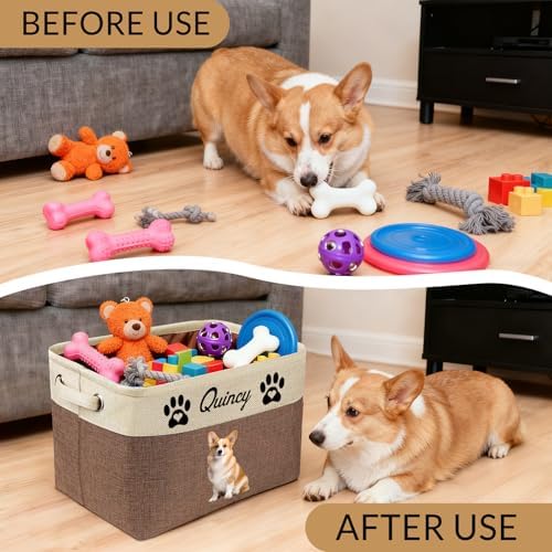 Custom Dog Toy Basket with Name Photo, Personalized Toys Clothing Storage Bins for Dogs Cats Pet,Collapsible Doggy Box Customized for Toy Food Brown