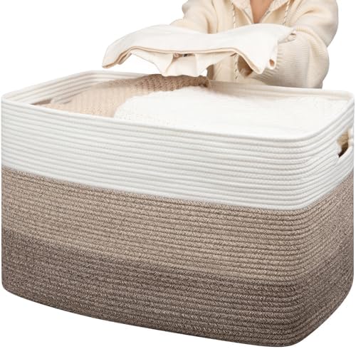 OIAHOMY 118L Extra Large Blanket Basket Cotton Rope Storage Basket Brown | 25" x 17" x 16", Rectangular Baskets Living Room,Used for storing Dirty Clothes, Stuffed Animal Toy Storage for Kids Room