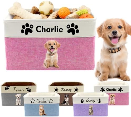 Personalized Dog Toy Basket with Name Photo Custom Cat Storage Organizer Box Collapsible Pet Chest Bins Customized for Toys Clothing-Pink