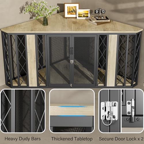 kepptory 67" Corner Wooden Dog Crate Furniture with Diamond Metal Decoration, Pet Kennel for Small, Medium and Large Dogs, Space-Saving Dog Cage for TV Stand(Grey)