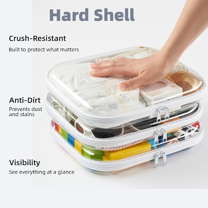 6-Pack Large Clear Hard Shell Zipper Pouches, Clear Zipper Bags, Hard Case Pouches for Purse & Diaper Bag Organizer,and Travel Essentials (6L)