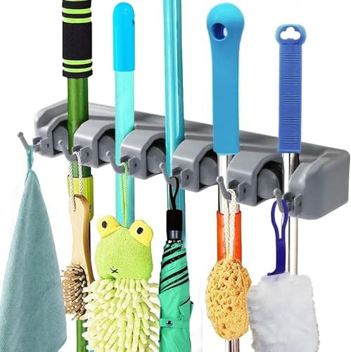 PP Plastic Multi-Function Broom & Mop Wall Mount Holder (16.93.352.36in, Gray) - Screw-Mounted Space Saver for Kitchen/Garage/Garden Tool Organization