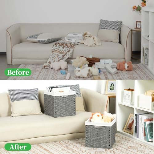 Bidtakay Wicker Baskets for Shelves Waterproof Imitation Wicker Cube Storage Bins with Liners for Organizing Closet Cabinet 11x11 inch Storage Cube Organizer for Pantry-Dark Grey 2-Pack