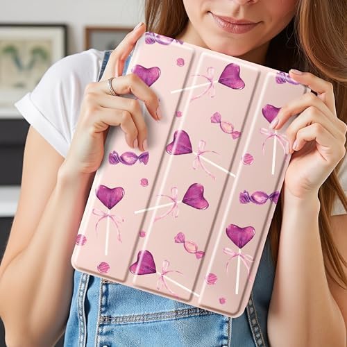 Cute Pink Lolipop Case for 11" iPad Air(2024), Clear TPU Smart Stand Back Cover with Pencil Holder, Auto Wake/Sleep Foldable Shockproof Protective Case
