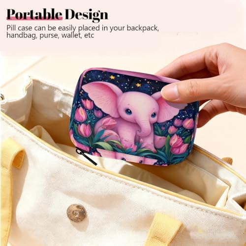 Weekly Pill Organizer Travel Size Bag with Removable 7 Day Pill Box Portable Vitamin Case Purse with Zipper,Pink Baby Elephant Starry