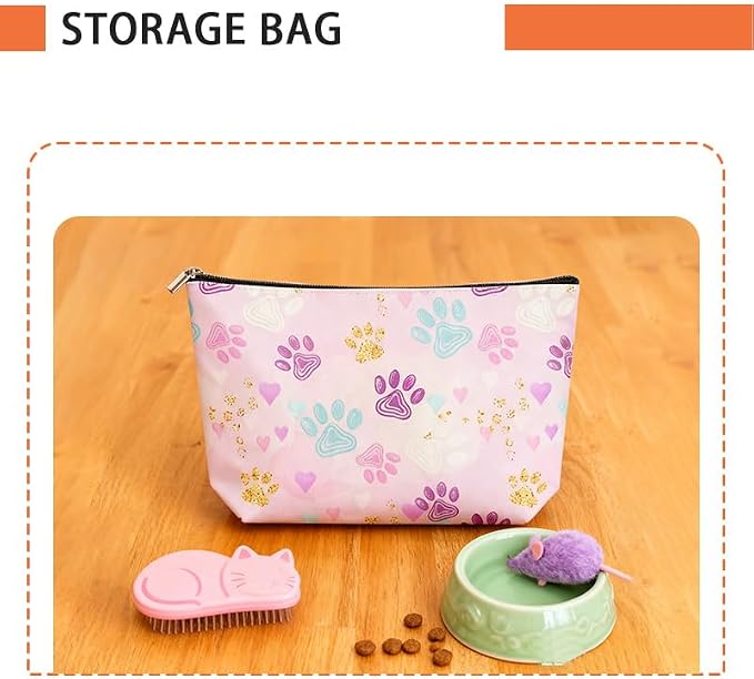 Cats Dogs Paws Cosmetic Bag for Pet Lovers Birthday Christmas Gifts for Women Men Dog Cat Snacks Makeup Organizer Bag Travel Toiletry Zipper Pouch Travel Essentials Accessories Storage Bags
