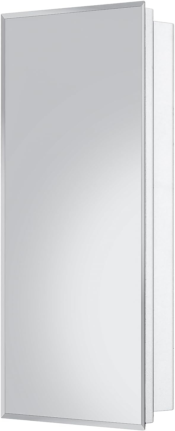 White Metal Medicine Cabinet, 20 x 36 Beveled Mirror, Surface Mount Storage | 20 x 36 Bathroom Mirror Cabinet with Adjustable Staggered Shelves, Continuous Piano Hinge, Reversible Door Swing, Matte White