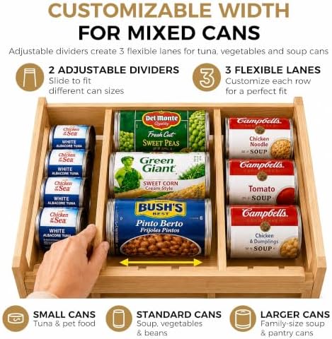 MinBoo Bamboo FIFO Can Organizer for Pantry, 24-Can Gravity Dispenser with Adjustable Dividers, Freestanding Wood Canned Food Storage Rack for Soup, Soda and Pet Food, 15.5" W x 11.6" D x 9.4" H