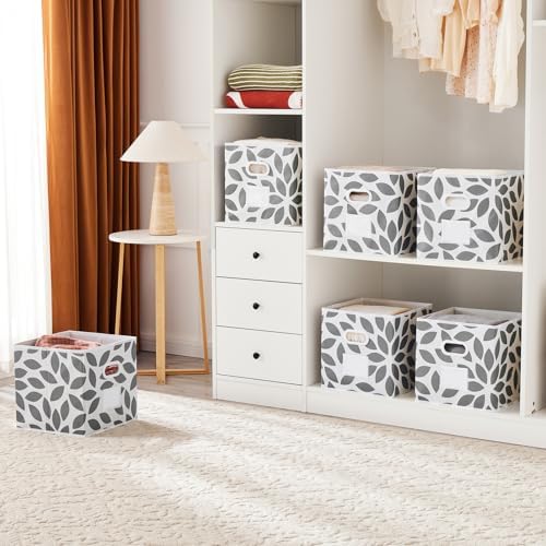 MAX Houser Open Home Storage Bins with Plastic Handles, Set of 6, Grey | 6 pack cloth storage bins with carry handles, Foldable Storage Cubes Organizer Baskets, ideal for home bedroom closet
