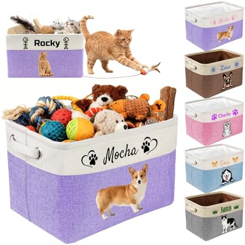 Custom Dog Toy Basket with Name Photo, Personalized Toys Clothing Storage Bins for Dogs Cats Pet,Collapsible Doggy Box Customized for Toy Food Purple