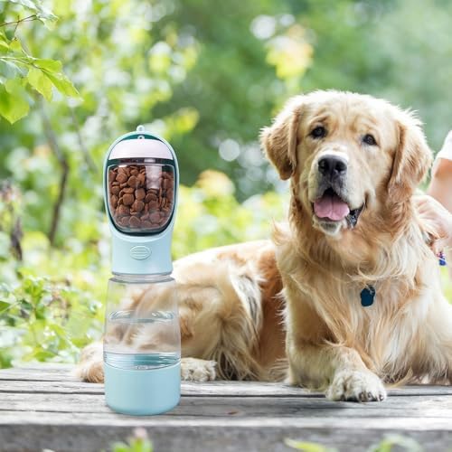 3-in-1 Portable Dog Water Bottle Leak Proof 14oz Blue | Pet Water Dispenser with Built-in Snack Storage, Waste Bag Holder, For Outdoor Walking, Hiking Travel