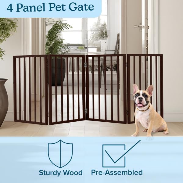 Pet Gate - 4-Panel Indoor Foldable Dog Fence for Stairs, Hallways or Doorways - 72x24-Inch Retractable Wood Freestanding Dog Gates by PETMAKER (Brown) | Foldable Dog Fence with Accordion Design, Wooden Safety Pet Fence for Stairs, Hallways, Doorways, a...