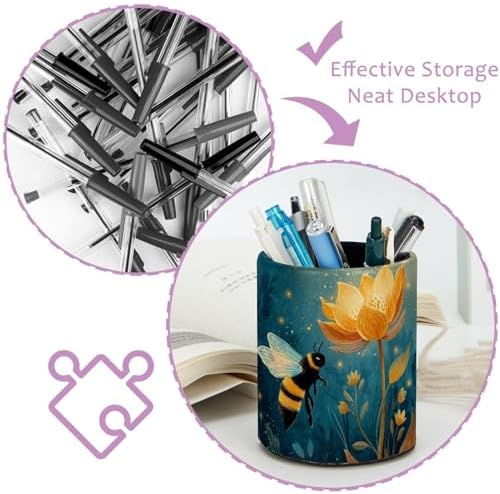 Faux Leather Pen Holder for Desk, Pencil Organizer Bee Pen Cup Desk Decor Makeup Brush Holder Storage for Office Home
