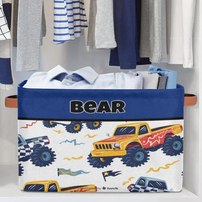 Personalized Storage Bins for Boys, Customized Name Storage Basket Rectangle Clothes Organizer for Organizing Kids and Pets Toys Shelf Closet, Cartoon Tractors Pattern