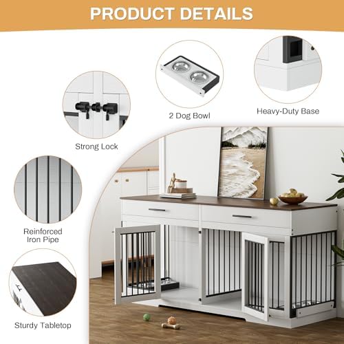 OUYESSIR Dog Crate Furniture, 72.05 Inch Large Dog Kennel with Dog Bowls & 2 Drawers, Wooden Double Dog House with Doors & Divider, Indoor Heavy Duty Dog Cage for Medium Large Dogs, White