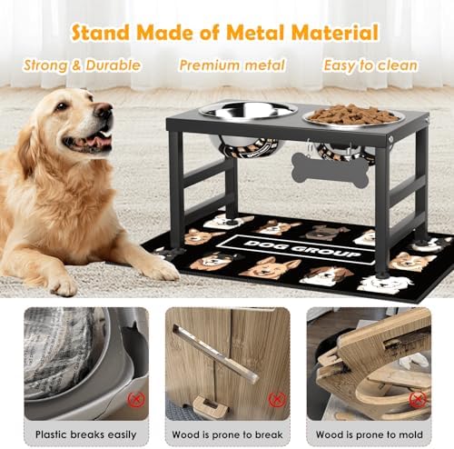 ADENGL 10" Elevated Dog Bowls – Metal Raised Dog Bowl Stand with 2 x 1700ml Stainless Steel Bowls, 1 Slow Feeder & Non-Slip Mat for Dogs