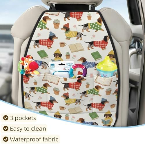 Car Seats Back Protector 2 PCS - Dachshund | with 3 Storage Pockets, Shield Seats From Dirt, Mud Scratches, Fits Cars SUVs Trucks and Jeeps