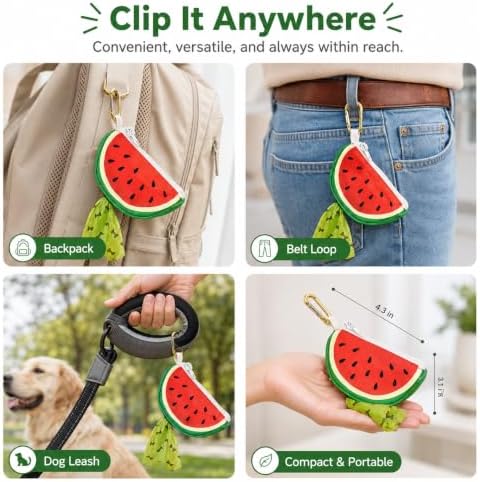 Watermelon Shaped Dog Poop Bag Holder Leash Attachment | Zipper Poop Bag Holder Dispenser & Trash Bag Carrier for Dog Walking, Cute Leash Attachable Dog Poop Bag Holder
