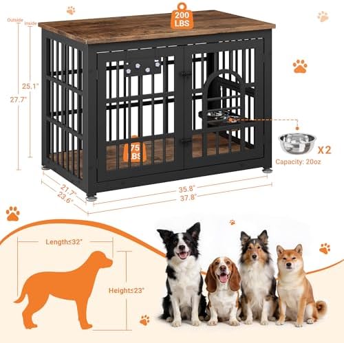 YaFiti 37.8" Dog Crate Furniture, Wooden Dog Kennel with Bowl, Rustic Brown | Adjustable Feeder, Name Tag, for Small/Medium Dogs, Chew-Resistant, Heavy Duty, Side End Table, Decorative Pet Cage