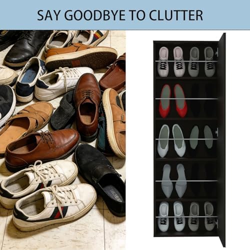 Shoe Cabinet with Mirror Modern Black Mirrored Shoe Storage Cabinet 67" Tall 5-Tier Shelves Narrow Shoe Storage Cabinet for Entryway Space Saving Furniture (Wall-Mounted, Black)