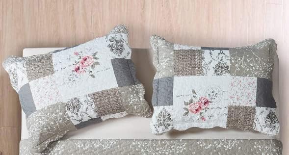 Brilliant Sunshine Pink Roses & Grey Toile Pillowshams Set, 20"x26"+2" | Patchwork Design, Quilted Standard Pillowcases, Washable Scallop Edge Pillow Covers, Pack of 2