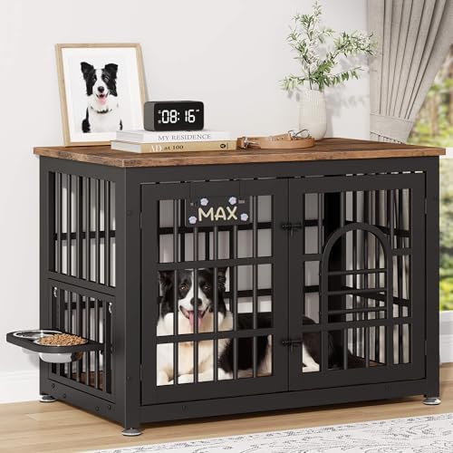 YaFiti 37.8" Dog Crate Furniture, Wooden Dog Kennel with Bowl, Rustic Brown | Adjustable Feeder, Name Tag, for Small/Medium Dogs, Chew-Resistant, Heavy Duty, Side End Table, Decorative Pet Cage