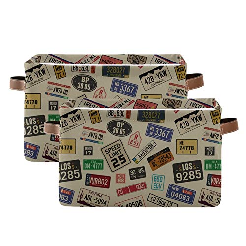 SEULIFE Vintage Car Number Plates Foldable Storage Basket, Large Collapsible Organizer Storage Bin Cube Toys Storage Boxes with Handles for Bathroom Kids Nursery Closet Storage, 2 Pack