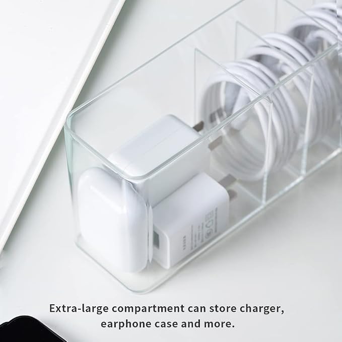 Charger Cable Cord Storage Organizer Box - Easy Storage Without Cable Ties | Stackable,with Lid,Dust-Proof,Space Saving,6 Standard Space and 1 Larger Space,for Home Office Desk Accessories Supplies