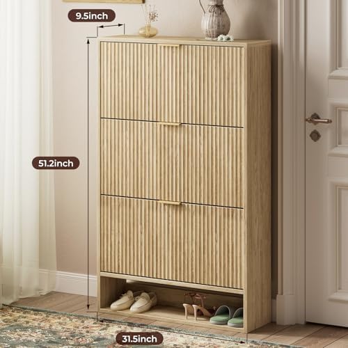 Evermagin 31.5''W Oak Shoe Cabinet Storage for Entryway, Fluted Slim Shoe Dresser with 3 Flip Drawers, Narrow Shoe Rack Cabinet, Hidden Shoe Organizer Cabinet for Entrance, Hallway
