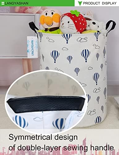 Round Laundry Basket Collapsible Storage Hamper Blue Balloon | Waterproof Canvas Foldable Baskets with sturdy Handles Multi-scene Organizer for Home Play Bedroom Gift Bin