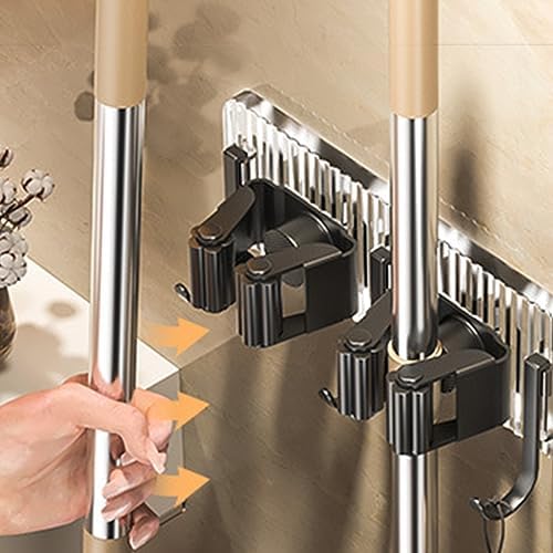 Mop Broom Holder,Wall Mount Wood Broom Mop Hanger, Racks Stainless Steel, Wall Mount Metal Organization,Heavy Duty Hooks Self Adhesive for Daily Household Cleaning Supplies Placement & Storage Grey