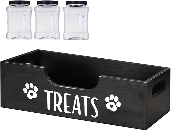 Dog Treat Container for Countertop, Pet Snack Storage Box Includes 3 Treat Jar & Wooden Pet Treat Container Pet Food Organizer For Puppy Airtight Dog Treat Storage With Lids