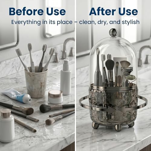 360°Rotating Toothbrush Holder with Cover, Dustproof Electric Toothbrush and Toothpaste Holder for Bathroom Countertop, 3 Slots Makeup Brush Organizer & Bathroom Storage (Transparent Gray)