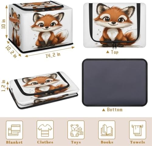 Wild Animals Fox Storage Bins with Zipper Lid Foldable Fabric Organizer Box with Handles Rectangular Closet Clothes Organizer Containers