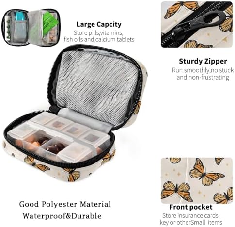 Fustylead Beautiful Monarch Butterflies and Glitter Stars Travel Pill Case Bag with Zipper Weekly Pill Box 8 Compartments 7 Day Personal Pill Case Purse Medicine Case Organizer