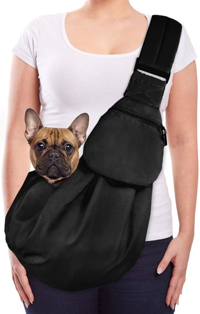 Lukovee Pet Sling, Puppy Small Pet Cat Carrier with Safety Hook | Hands-Free,Padded Strap, Breathable, Adjustable, Storage Pocket, Tote Bag Shoulder Bag with Front Pocket (Black, M)