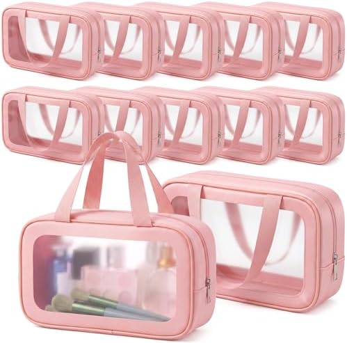 Abbylike 12 Pcs Clear Toiletry Bags with Handle for Women and Men, Matte Translucent Waterproof Cosmetic Bags with Zipper for Travel Toiletries Wash Shower Accessories Bachelorette Bridal Party(Pink)