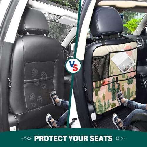 2 Pack Back Seat Car Organizer with Storage Pockets Kick Mats Back Seat Protector Hanging Car Organizer Automotive Seat Back Cover Organizers Boho Cacti Mountains Sun