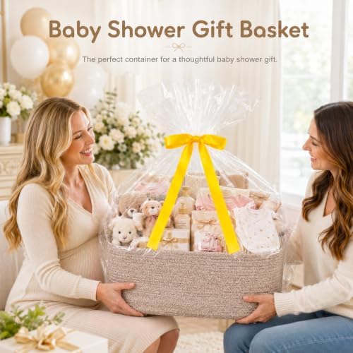 OIASKET Large Empty Cotton Rope Gift Basket with Handles, 16.5"x12.6"x7" Decorative Woven Storage Basket with Gift Bag and Ribbon Set for Baby Shower, Toy Organizer for Kids, Dogs & Cats - Brown