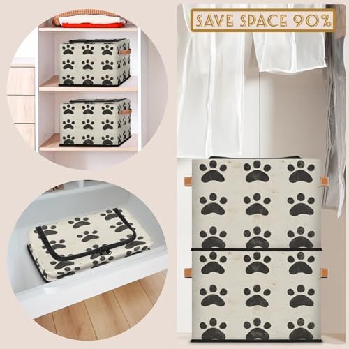 Dog Paw Storage Bins with Zipper Lid Animal Footprint Foldable Fabric Organizer Box with Handles Rectangular Closet Clothes Organizer Containers