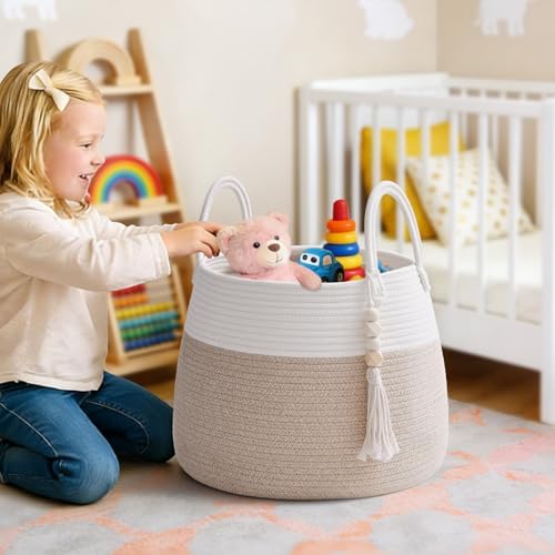 Large Nursery Hamper, 30L Blanket Basket with Handle, Baby Laundry Basket for Gift, Toy, Clothes, Woven Storage Basket with Wooden Bead Decor, Baby Hamper for Nursery (Black&Brown)