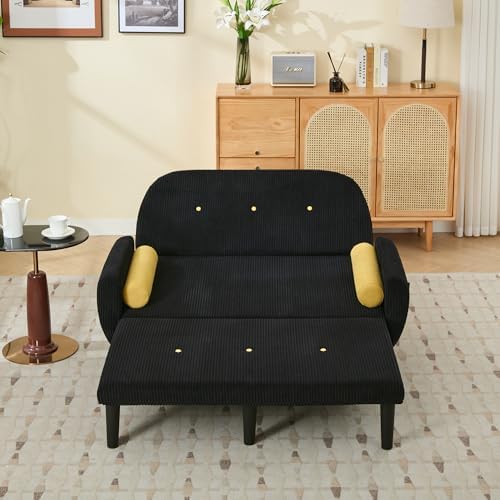 52" Corduroy Love seat Sofa Day Bed Recliner with Storage Pocket USB Charger Minimalist Design 2-Seat Sofa Set with Velvet Fabric for Living Room Office Apartment Black