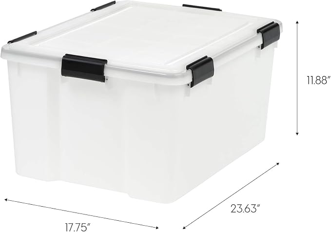 IRIS USA WeatherPro Storage Bins with Lids, 63 Qt, Clear, 4 Pack | Heavy-duty gasket seal protects food, clothing, camping gear, tools, emergency supplies, and keepsakes from moisture.